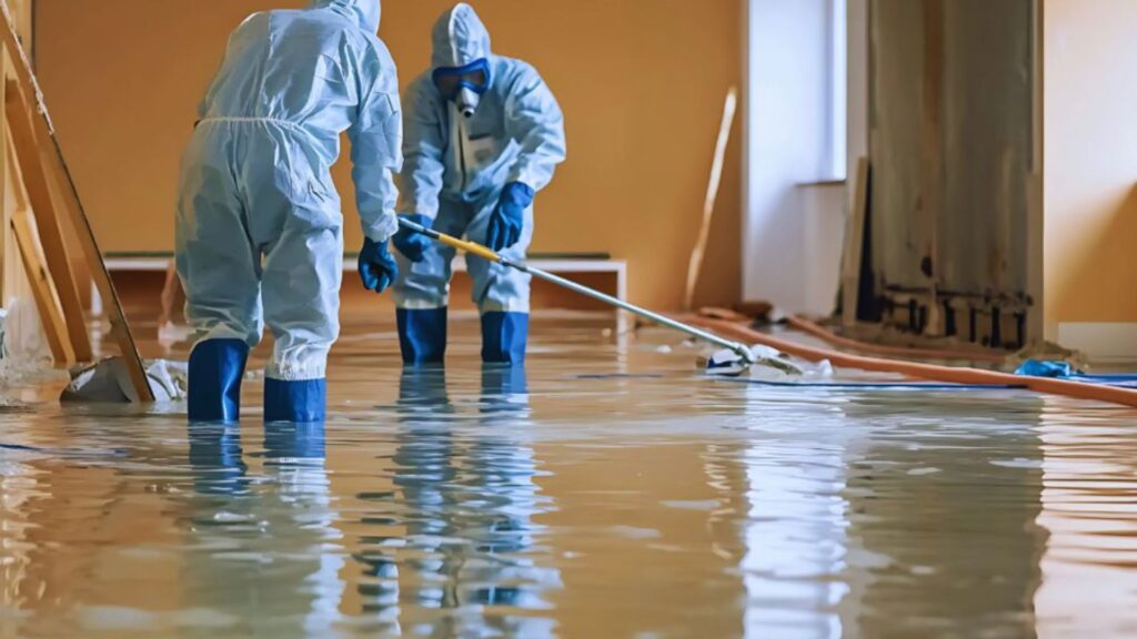 A professional water restoration team in protective gear is cleaning a flooded room with standing water.